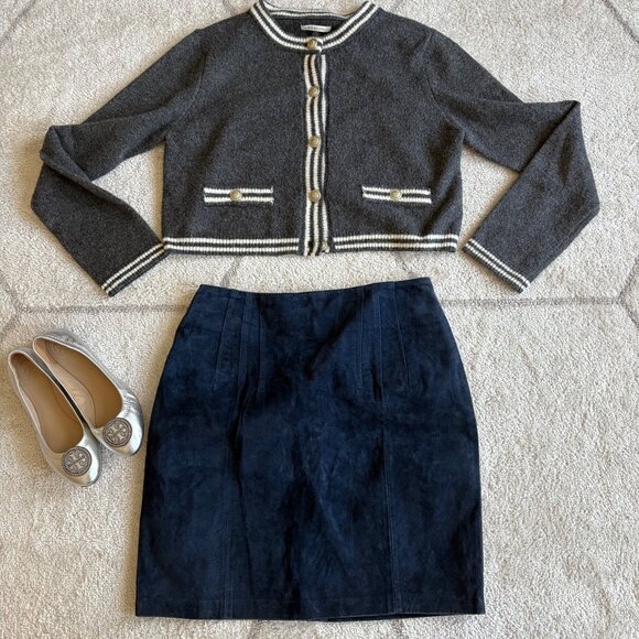 Vintage Express Suede Mini Skirt 80s/90s Navy Blue High-Waisted Pencil Style - Picture 1 of 8